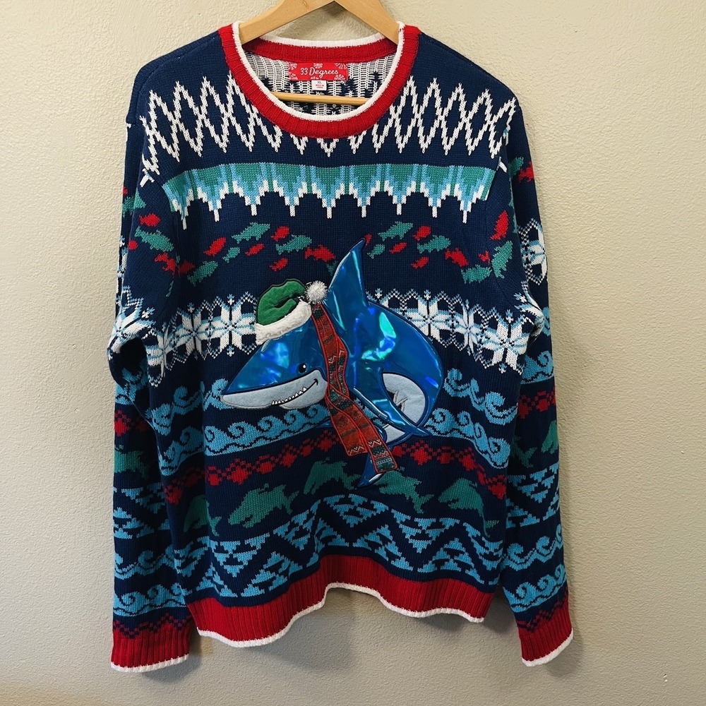 33 Degrees Ugly Christmas Sweater Festive Shark 3D Iridescent Soft Size XL
